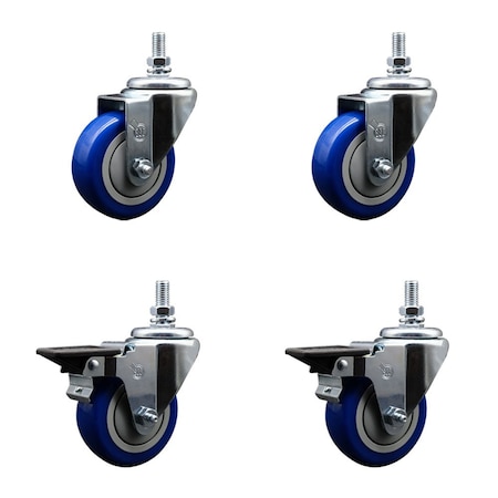 Service Caster 35 Inch Blue Polyurethane 12 Inch Threaded Stem Caster Set 2 Brakes SCC SCC-TS20S3514-PPUB-BLUE-121315-2PLB2